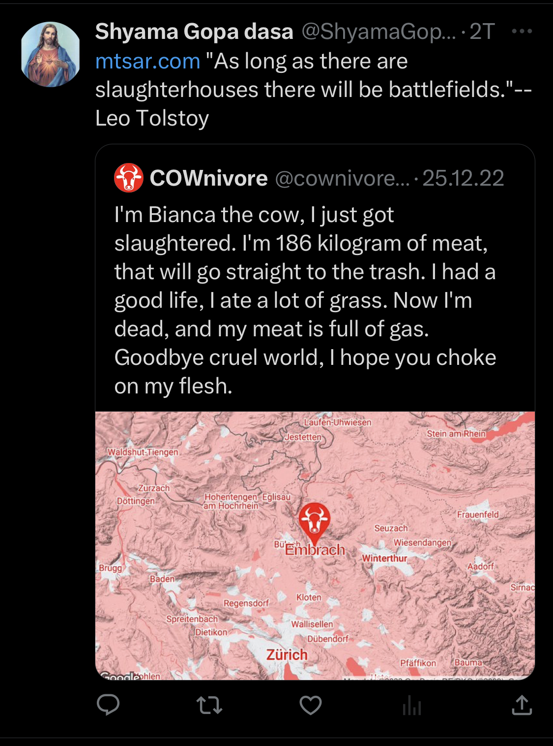 Bot «Cownivore» on X. Screenshot of one post.