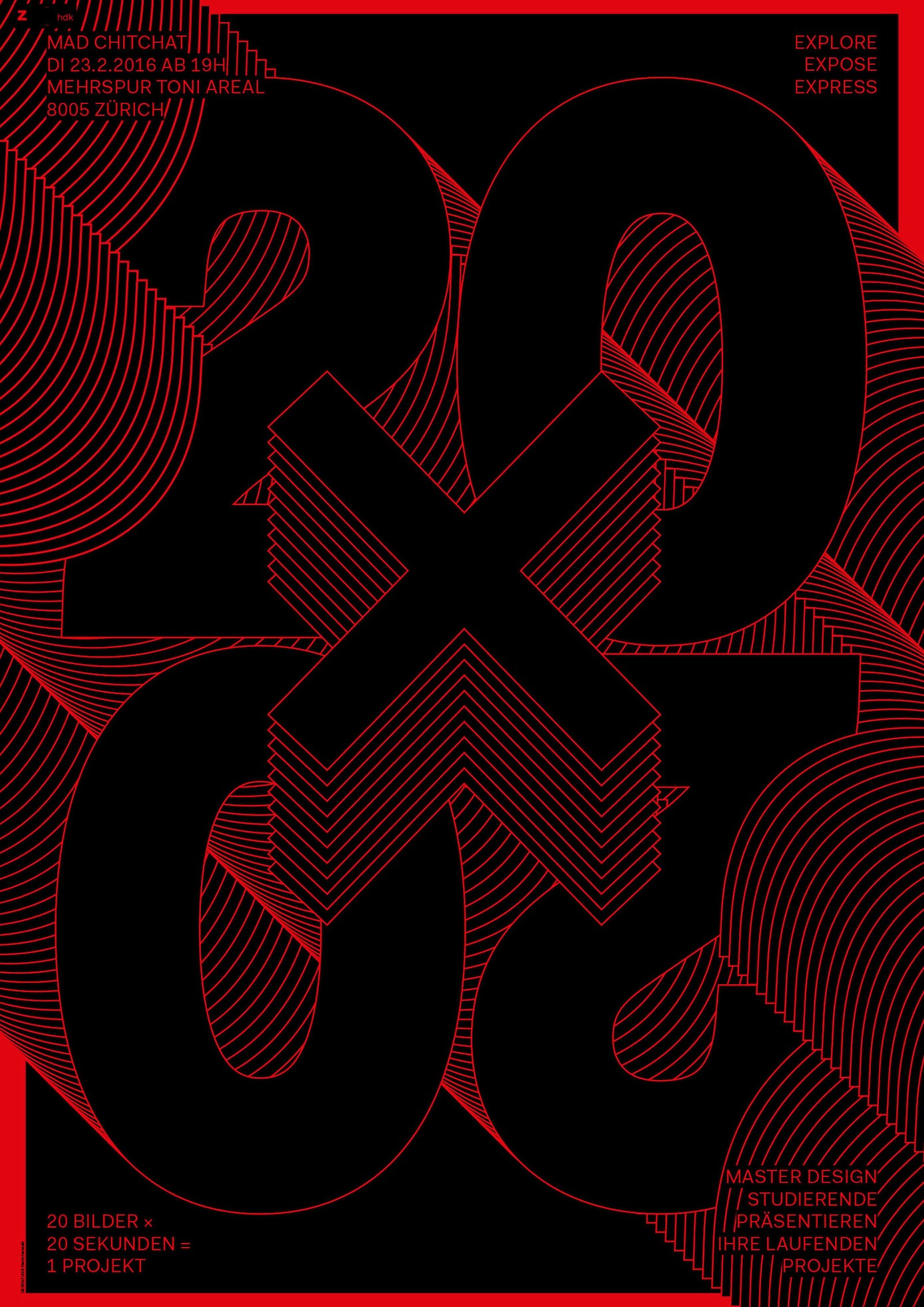 Plakat für den Master of Arts in Design Pecha Kucha Event, welches an der «Lahti Poster Triennale 2017, Finnland» ausgestellt wurde.